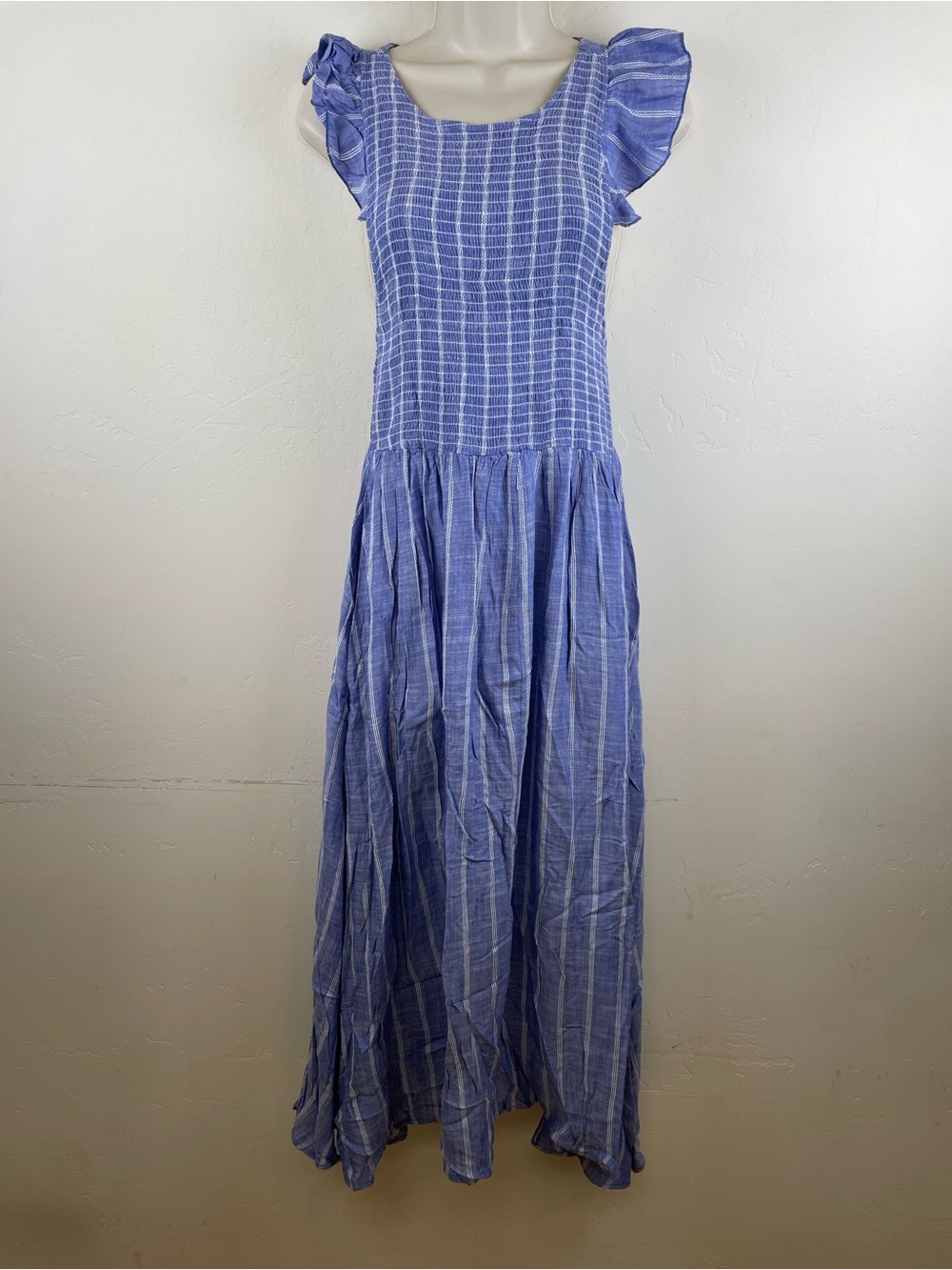Free People Lavender-Blue Striped Ruffle-Sleeve Maxi Dress